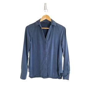 Maven West Women's Dark Blue Tencel Blend Soft Casual Button Down Blouse XS
